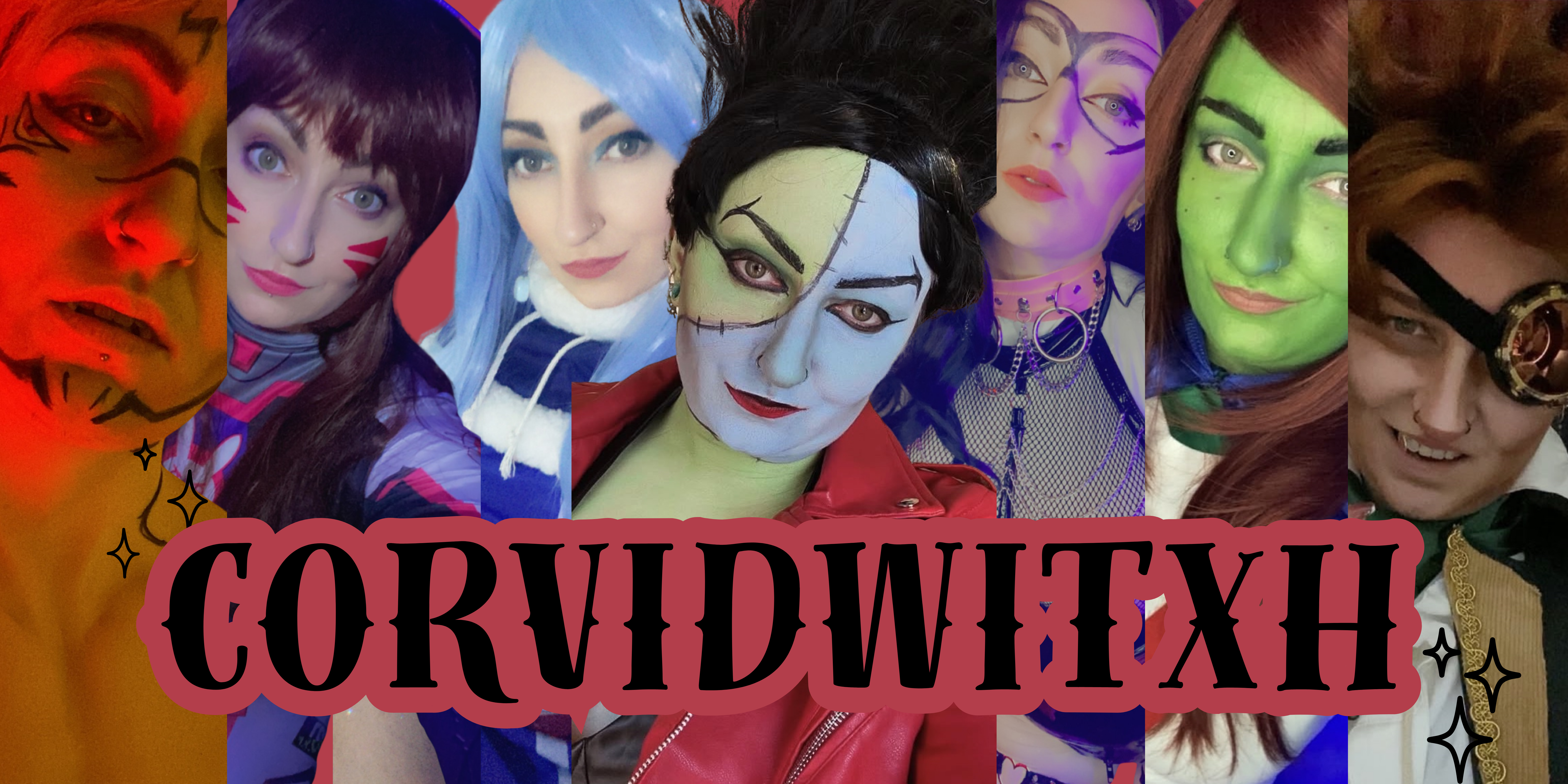 Cosplay collection Corvid has done in the past, including Sukuna, D.Va, The Bride, and Miss Martian. Links to their LinkTree Page